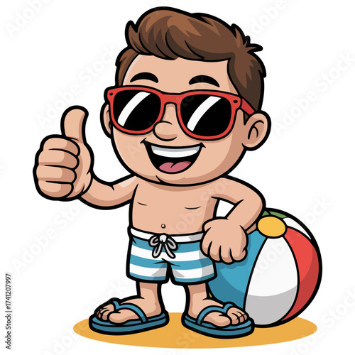 Boy with a beach ball and sunglasses giving a thumbs up. This image evokes feelings of summer fun, vacation, and relaxation.