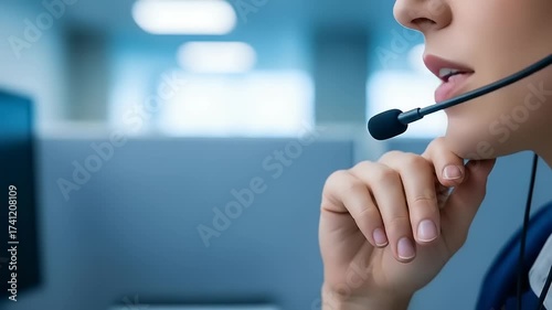 Close-up of a Customer Service Representative Speaking into a Headset in a Modern Office Environment