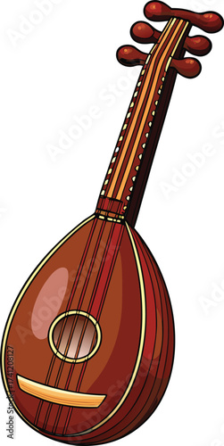 Brown lute musical instrument with yellow and red accents