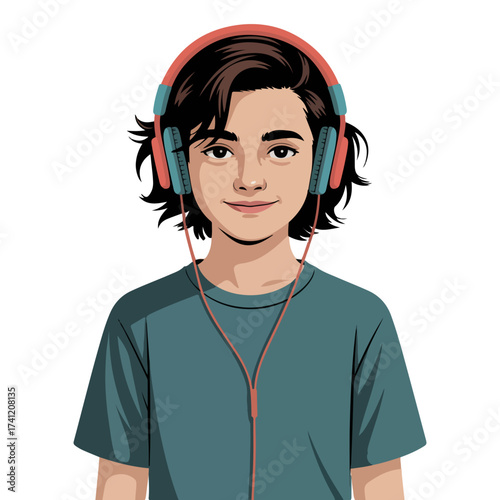 A young individual enjoying music with headphones on. The person is smiling and appears relaxed and happy.