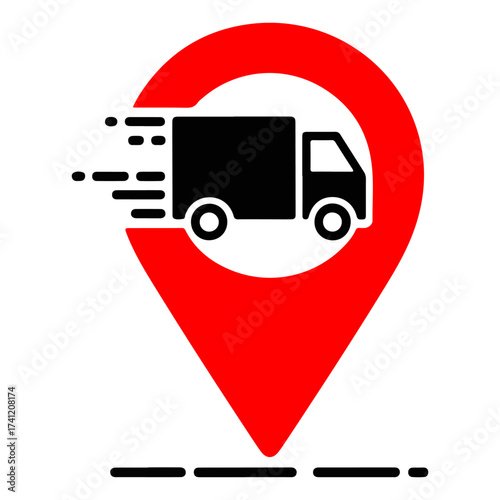 Express Delivery Concept: Delivery truck speeding out from a red location marker