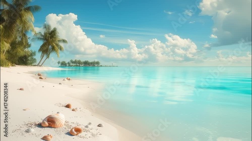 Tropical Island Beach with Gentle Waves and Bright Turquoise Water in Summer Light