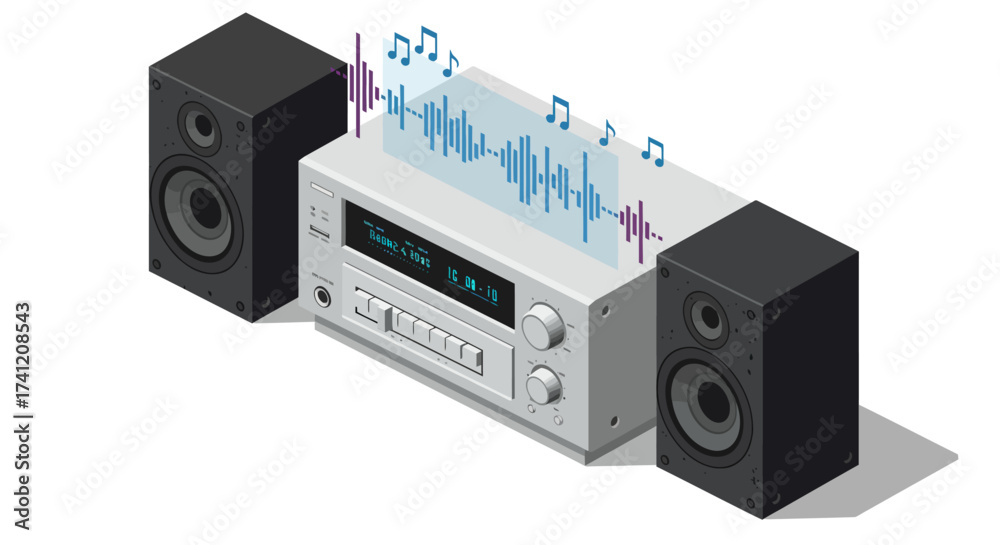 Fototapeta premium Vintage stereo system with audio waveform in isometric style