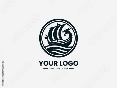 Viking Sailboat Vector Logo Illustration Nordic Longship Design, Nautical Vintage Symbol