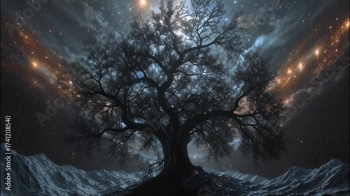 Cosmic Tree Under Bright Galaxy with Forward Camera Motion in Night Sky