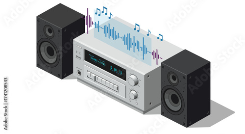 Vintage stereo system with audio waveform in isometric style