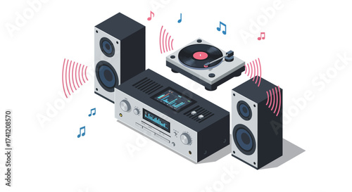 Retro music setup with isometric turntable and speakers