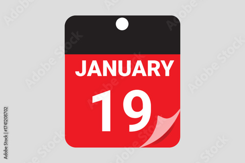 19 January. 19th January professional modern exclusive daily calendar design. Flat Design January Calendar Icon. Black and red color paper and White Text