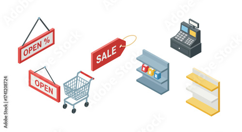 Isometric retail elements with shopping cart, sale tag, and open signs