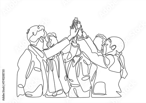 Simple continuous line draw of business team celebrating success. Business people giving high fives gesture hands Business team work minimalist concept. Hand drawn one line vector. Editable stroke	