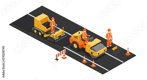 Urban road construction scene with workers and equipment in isometric view