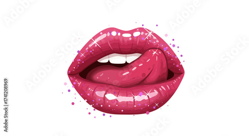 Glossy pink lips with tongue and sparkles on white background