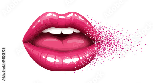 Sparkling pink lips with glitter effect on white background