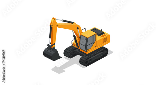 Isometric construction excavator with detailed yellow design on white background