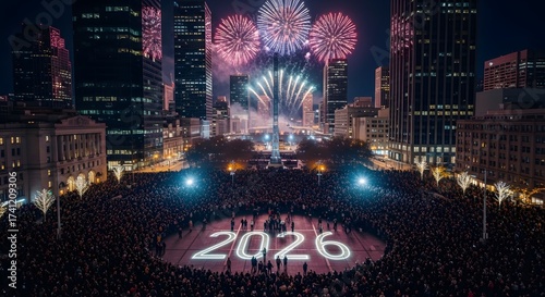 Spectacular fireworks light up the night sky over a vibrant city crowd celebrating 2026, perfect for event promotions, tourism campaigns, or festive announcements