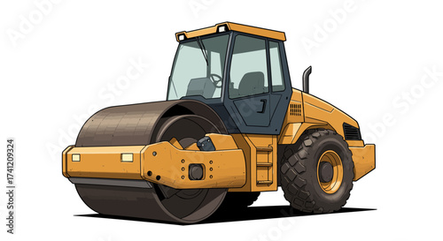 Detailed road roller in comic style for construction projects and equipment t…
