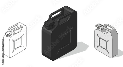 Isometric fuel containers in black, white, and gray with shadows and outlines