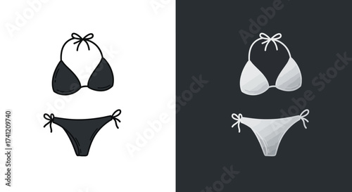 Minimalist bikinis with black and white design on split background
