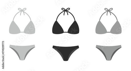 Monochrome bikini set collection with top and bottom variations in minimalist…