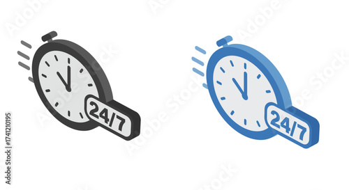 Isometric 24/7 clock icon with motion effect in gray and blue variations
