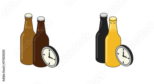 Isometric beer bottles with vintage clock on white background