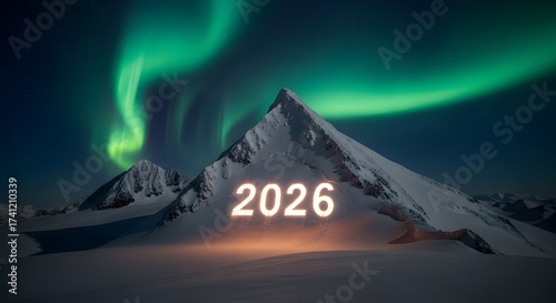 Envision a stunning 2026 with vibrant aurora borealis dancing above snow-covered mountains, perfect for travel, adventure, and inspiring new year goals