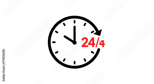 Minimalistic 24/4 clock icon - continuous service concept