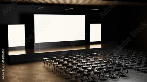 Empty stage Design for mockup and Corporate identity, elements in dark hall. Blank screen. Scene event led night light staging. 3d Background. 3d render.