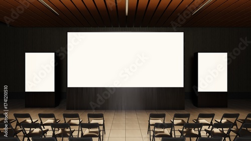 Empty stage Design for mockup and Corporate identity, elements in dark hall. Blank screen. Scene event led night light staging. 3d Background. 3d render.