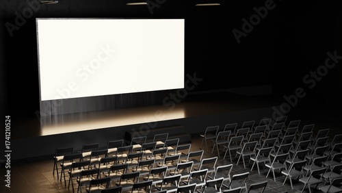 Empty stage Design for mockup and Corporate identity, elements in dark hall. Blank screen. Scene event led night light staging. 3d Background. 3d render.