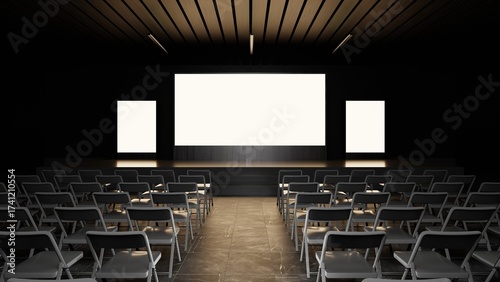 Empty stage Design for mockup and Corporate identity, elements in dark hall. Blank screen. Scene event led night light staging. 3d Background. 3d render.