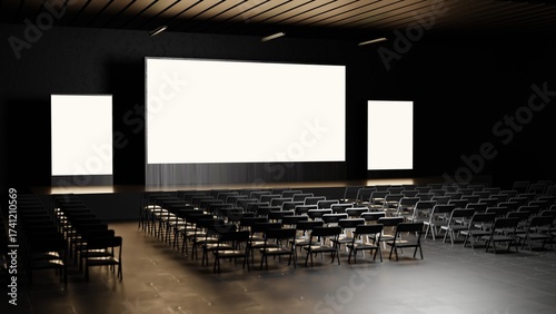 Empty stage Design for mockup and Corporate identity, elements in dark hall. Blank screen. Scene event led night light staging. 3d Background. 3d render.