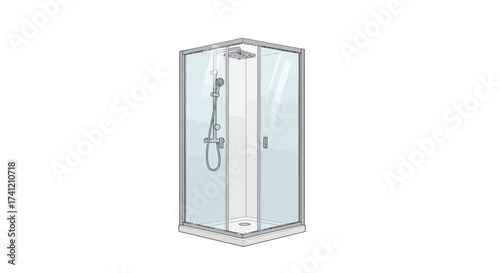 Modern glass shower stall with hinged door and overhead showerhead