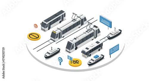 Modern urban transport collection with isometric trains, buses, and boats for…