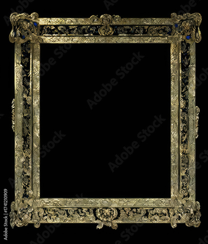 Elaborate square gold frame with black inlay and blue jewel accents. Isolated on black background.
