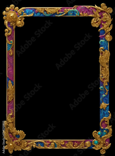 Rectangular gold frame with vibrant pink and blue swirling enamel accents. Isolated on black background.