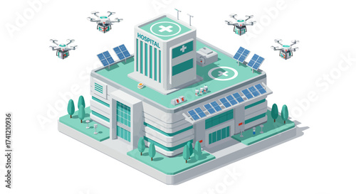 Modern futuristic hospital with drone delivery and solar panels in isometric…