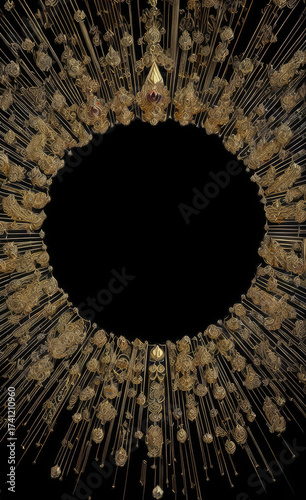 Bursting golden ornate circular design radiating outward on a black background. Isolated on black background.