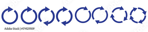Blue circle arrows icon set. Round reload sign, repeat icon, rotate arrow symbol, arrow pictogram, refresh reload rotation loop sign set