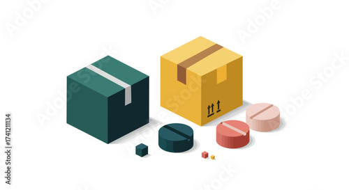 Isometric view of 3d boxes and pills in modern minimalistic design