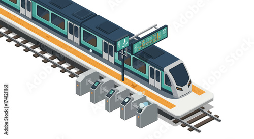 Isometric train station platform with modern subway and ticket gates