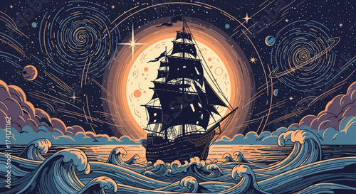 A majestic sailing ship navigates a cosmic ocean under a celestial sky with planets and stars.