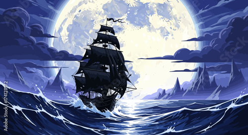 A majestic black galleon sails under a colossal full moon, its sails billowing as it navigates through choppy, moonlit waters with jagged rock formations in the background.