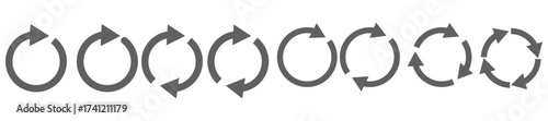 Blue circle arrows icon set. Round reload sign, repeat icon, rotate arrow symbol, arrow pictogram, refresh reload rotation loop sign set