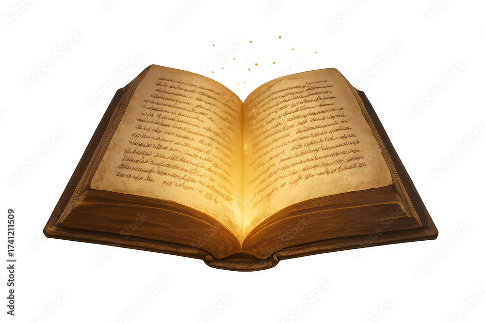 Fototapeta premium Open ancient book glowing with magical light, transparent background