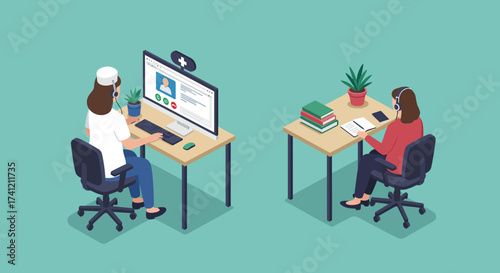 Telehealth consultation with doctor and patient in isometric style