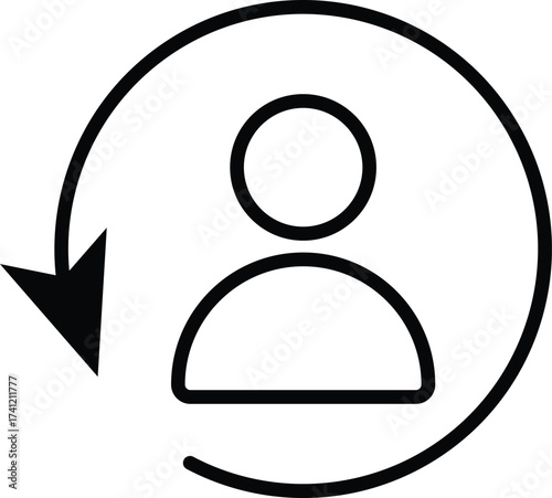 Outline vector icon showing a client with a return arrow. Represents customer return, feedback, refund, exchange, or service response. Perfect for e-commerce, business, marketing
