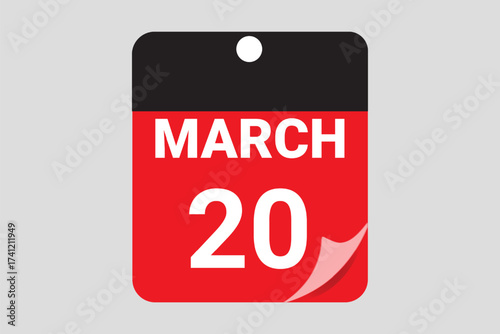 20 March calendar date vector illustration for business planner and deadline reminder design 2026