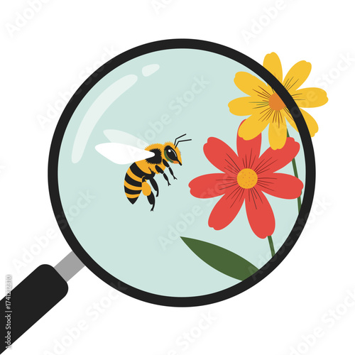 A magnifying glass observes a bee approaching vibrant flowers for pollination and nectar collection.