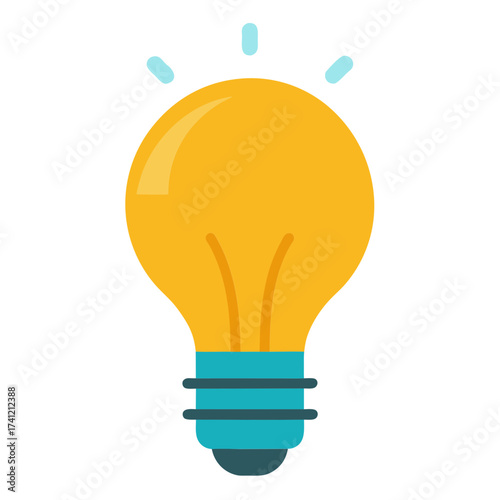 Bright yellow light bulb with blue accents isolated on white background